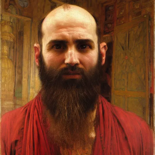 Prompt: orientalist painting of a balding bearded man with a square jaw intricate portrait by john william waterhouse and Edwin Longsden Long and Theodore Ralli and Nasreddine Dinet, oil on canvas. Cinematic, hyper realism, dramatic lighting, high detail 8k