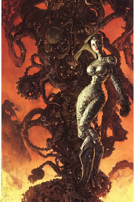 Image similar to iron fisted lovecraftian demon standing beside elegant lady wearing a latex spacesuit, by norman rockwell, jack kirby, jon berkey, earle bergey, craig mullins, ruan jia, jeremy mann, tom lovell, marvel, astounding stories, 5 0 s pulp illustration, scifi, fantasy, artstation creature concept