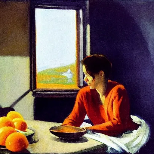 Image similar to oil painting of young leonard cohen in shabby room with beautiful woman wearing second hand clothes, with bowl of oranges on table, and view through window of boat on river, by edward hopper, by robert e. mcginnis