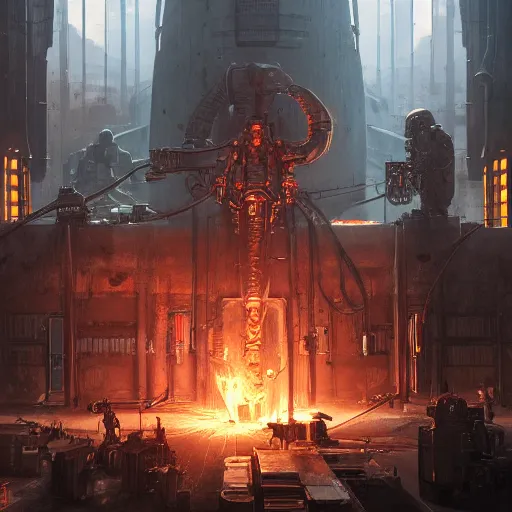 Image similar to adeptus mechanicus techpriest at a forge, by cedric peyravernay and feng zhu, highly detailed, excellent composition, cinematic concept art, dramatic lighting, trending on artstation