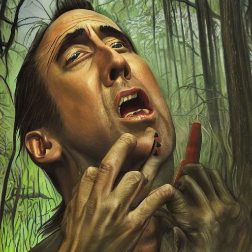 Image similar to a detailed gouche drawing of nicholas cage performing a voodoo magick ritual in the swamps of lousiana, award winning art, artstation, cinematic, magic realism