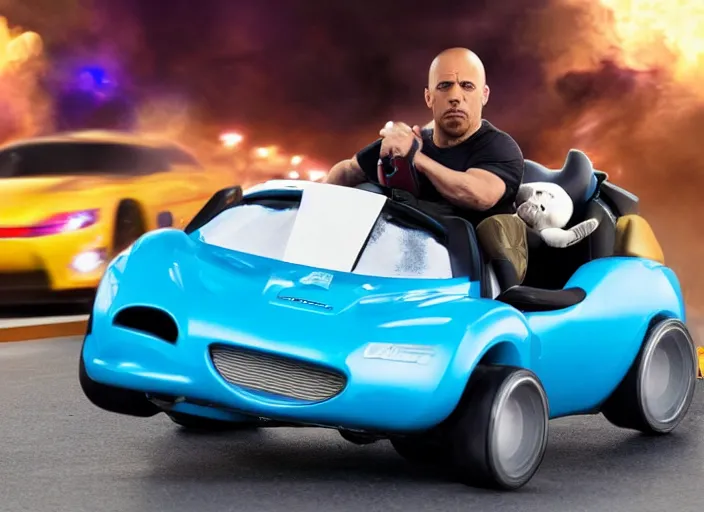 Image similar to peter dinklage drag racing vin diesel driving a little tikes cozy coupe, movie still, from the new tokyo drift movie, 8 k, realistic