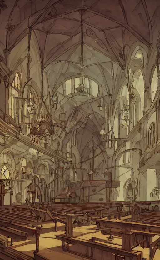 Image similar to a renaissance church hall, crystal lights, mysterious atmosphere, cel - shading, cinematic, artstation, studio ghibli, miyazaki, highly details