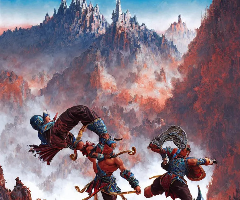 Image similar to wide angle shot from above of silver ornate armor slim muay thai handsome warriors in battle!!! mountains and giant gothic abbeys in the background, fine detail, 8 k, high contrast color scheme, blue at the background red at the foreground!!!, dynamic perspective, painted movie poster by greg rutkowski and peter mohrbacher