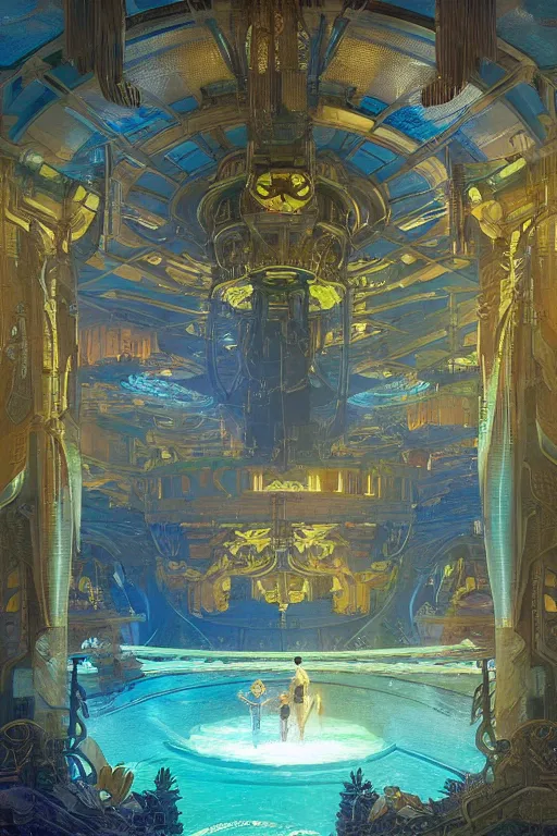 Prompt: Concept Digital Art Highly detailed Alien Art Deco Cybertron lazy river inside of the Palace of the Primes with glowing blue water at night by greg rutkowski, Ilya repin, alphonse mucha, and Edmund Blair Leighton. Very highly detailed 8K, octane, Digital painting, the golden ratio, rational painting