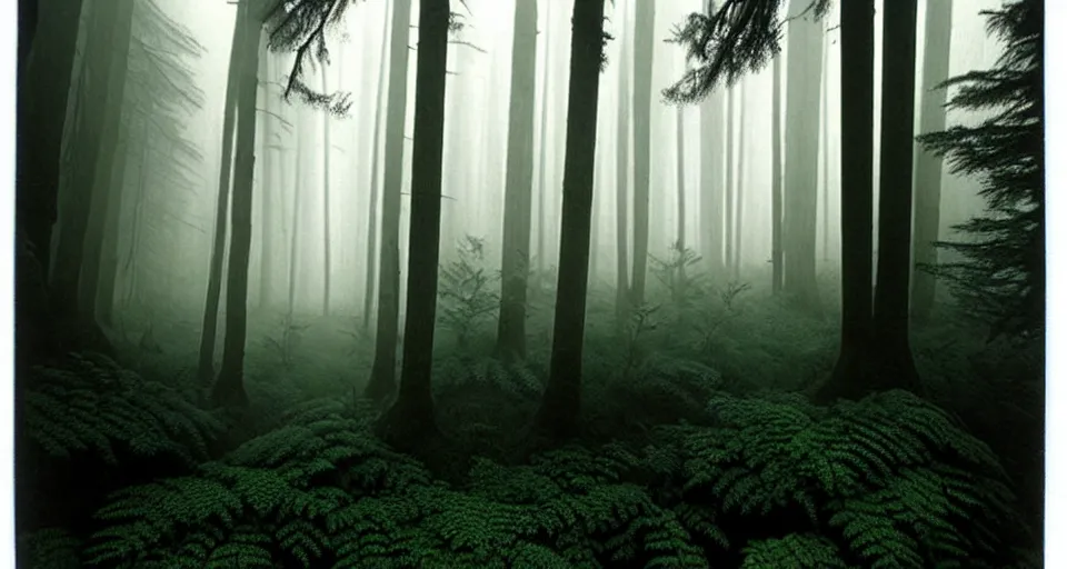 Image similar to deep inside the forest, fog, mist, moss, ferns, by ansel adams, polaroid