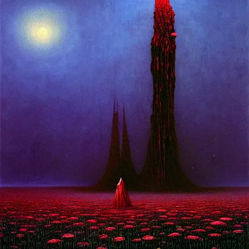 Prompt: the dark tower in a field of roses, surrealism, cosmic western, masterpiece oil painting, beksinski, barlowe