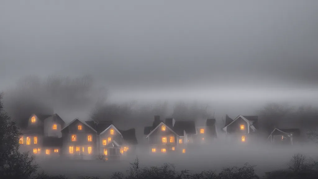 Image similar to village with beautiful houses in the fog on the lake, fog, volumetric lighting, mystique, atmospheric, conept art, teal and orange, sharp focus, ultra detailed, noir arthouse, 4 k, cinematic, 3 5 mm