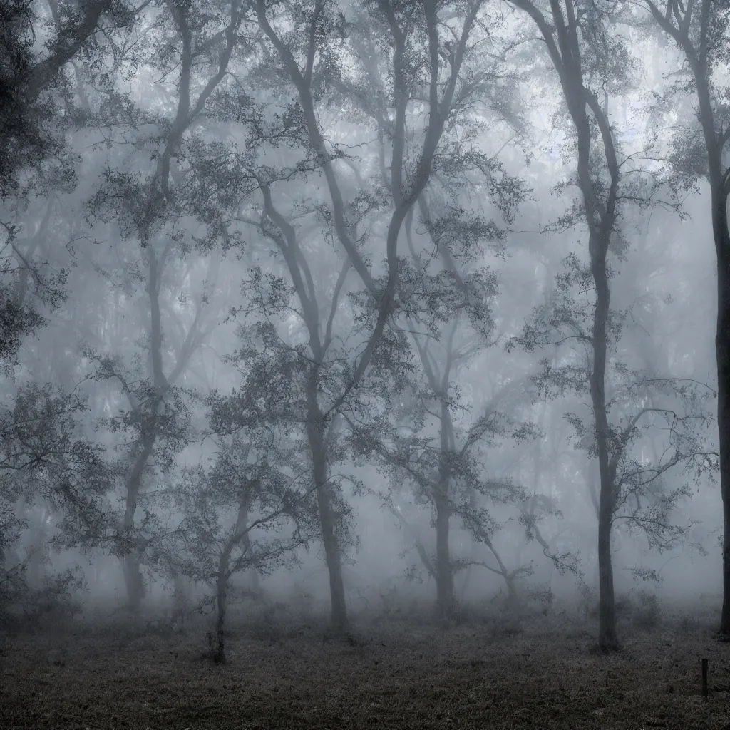 Image similar to a haunted forest, tombstone, fog, moonlight, web