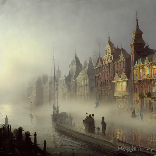 Image similar to detailed painting of a living capsule architecture, filigree ornaments, fog, andreas achenbach