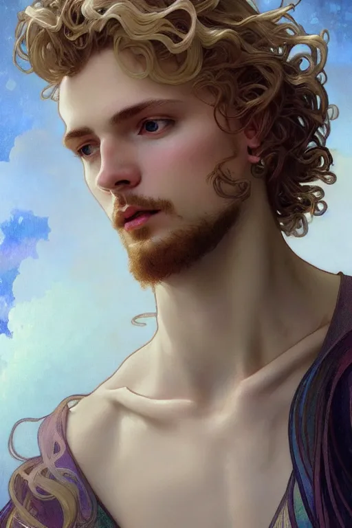 Image similar to portrait of a beautiful young fit male angel with curly blond hairs, dressed with fluent clothes, majestic wings, luminous halo, by greg rutkowski and alphonse mucha, d & d character, gradient white to gold, in front of an iridescent background, highly detailed portrait, digital painting, artstation, concept art, smooth, sharp focus ilustration, artstation hq