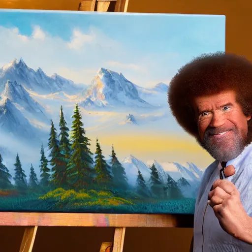 Prompt: a closeup photorealistic photograph of bob ross at his studio, working on a canvas painting of iron man. mountain scape. film still, vibrant colors. this 4 k hd image is trending on artstation, featured on behance, well - rendered, extra crisp, features intricate detail, epic composition and the style of unreal engine.