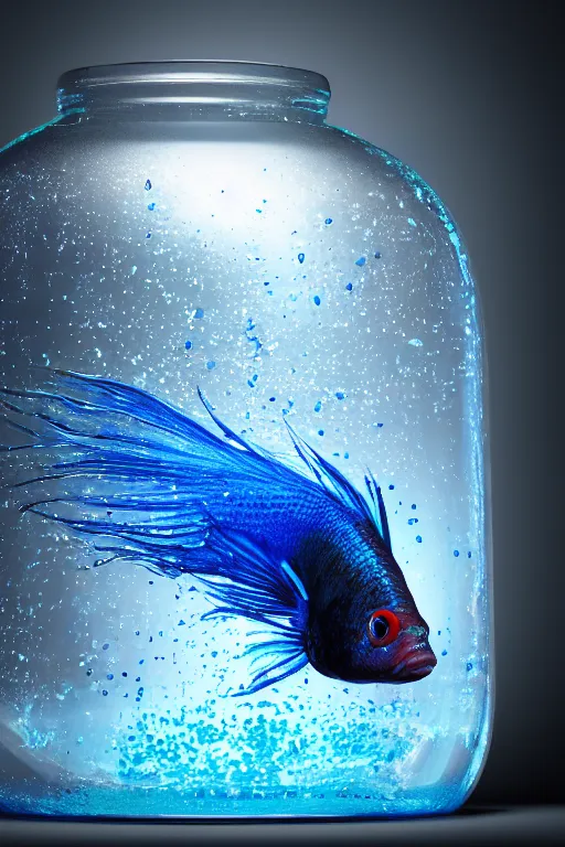 Image similar to a octane render of a siamese fighting fish inside a jar on the table, close - up studio photo, lighting path traced, highly detailed, high quality, hyper - realistic, max accurate,