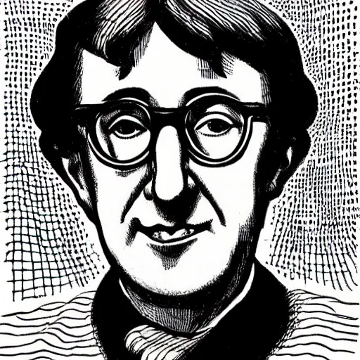 Image similar to a portrait illustration of Woody Allen drawn by ROBERT CRUMB