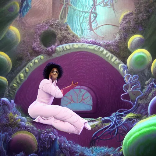 Image similar to Prince in pastel!!!!, **whimsical acrylic modern pop surrealism, Even Giger-y dark overlords living in the ruins of an ancient system of tunnels and caves like to be comfy every once in a while!,** A seal sleeping peacefully in a kelp forest, **cinematic, hyper realistic, detailed, 8k, octane render**.