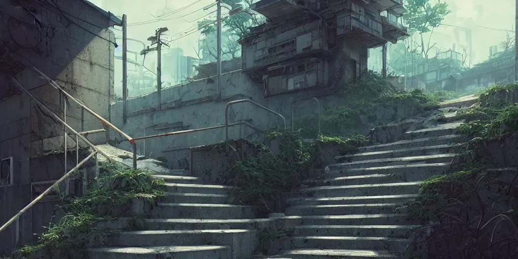 Prompt: a wholesome animation key shot of a post apocalyptic concrete stairs, graffiti, covered by nature hipster vibes by studio ghibli, animation, sharp, rendered in unreal engine 5, focused, anime key art by greg rutkowski, bloom, dramatic lighting