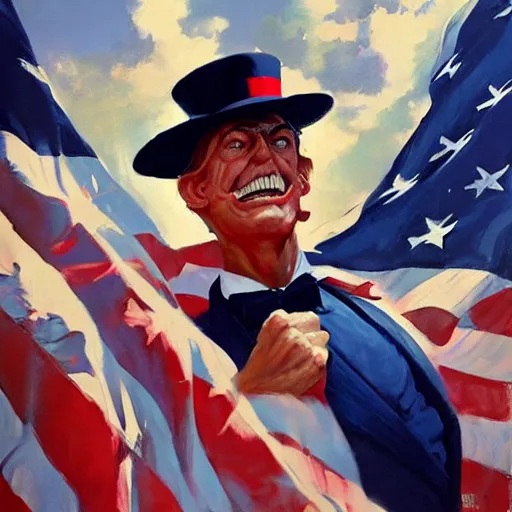 Prompt: greg manchess painting of a propganda poster of uncle sam saying glory to america, painting, trending on artstation, by huang guangjian and gil elvgren and sachin teng