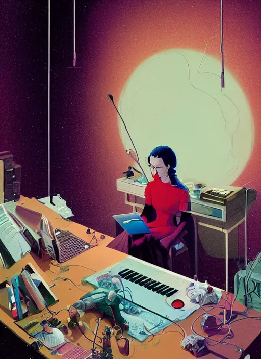 Image similar to poster artwork by Michael Whelan, Bob Larkin and Tomer Hanuka, Karol Bak of musical hero Bjork, sitting at her laptop, recording a new song, simple illustration, domestic, nostalgic, from scene from ghibli, clean