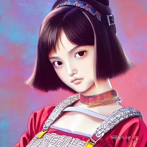 Image similar to a beautiful young japanese natalie portman alluring gravure model, wearing elaborate elegant designer overalls, elegant overalls with mesoamerican patterns, mesoamerican native street fashion, by akira toriyama and wlop and ilya kuvshinov and artgerm and, aesthetic, gorgeous, stunning, alluring, attractive, artstation, deviantart, pinterest, digital art