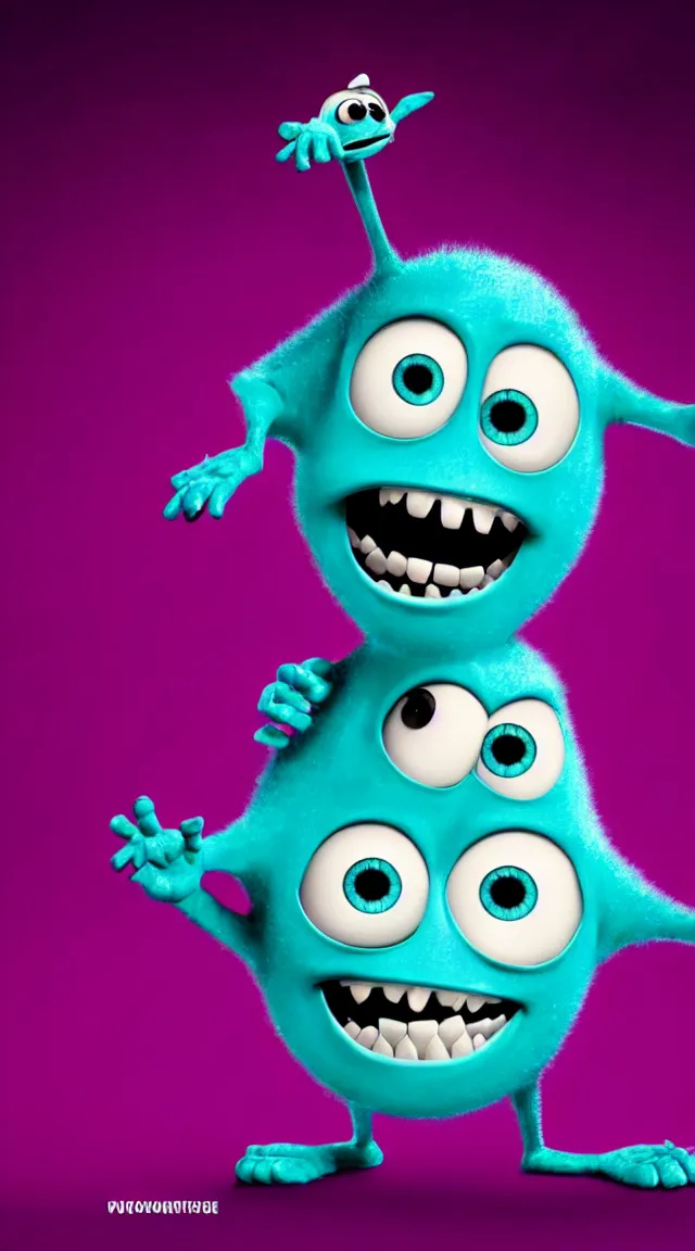 Image similar to a full studio shot of a virus as a pixar character against a dark cyan backdrop. it is cute, evil and adorable.