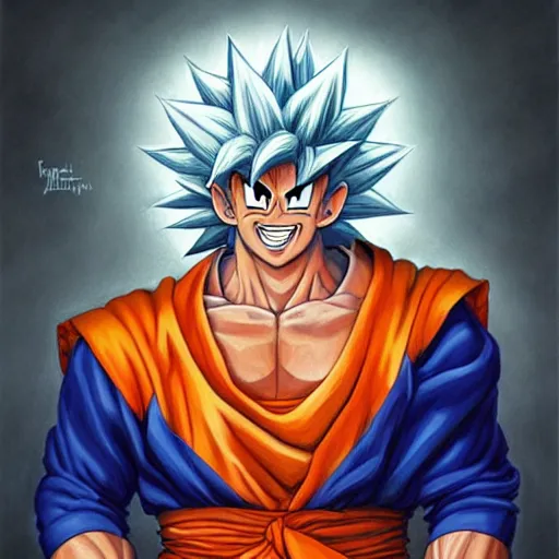 Image similar to beautiful hyperrealistic detailed matte portrait painting of happy goku, by andreas rocha and john howe, and martin johnson