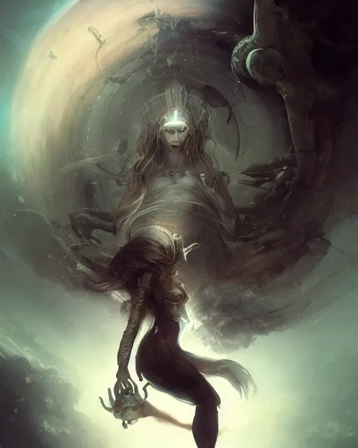 Image similar to realistic photo of a being shackled in the void, by akihiko yoshida and cgsociety. stunning goddess of speed charlie bowater and tom bagshaw, insanely detailed, artstation, space art. atoms surrounded by skulls and spirits deep under the sea, horror, sci - fi, surrealist painting, by peter mohrbacher