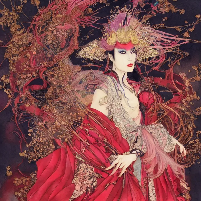 Image similar to watercolor painting of avant - garde, beauty portrait of an asian samurai fox queen in a victorian red dress painted by yoshitaka amano, daniel merriam, ayami kojima, intricate detail, artstation, artgerm, in the style of dark - fantasy, rococo, gold leaf art, victo ngai