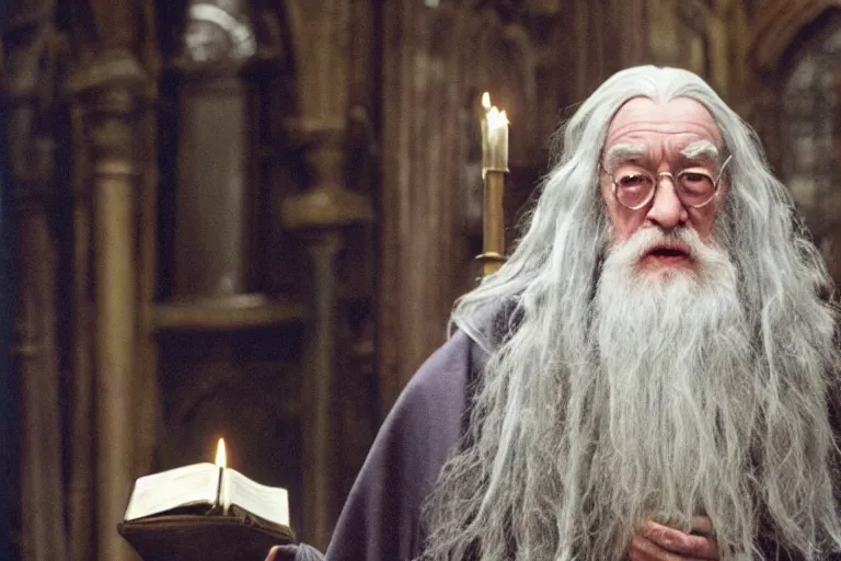 Image similar to film still of Ian McKellan as Albus Dumbledore in Harry Potter