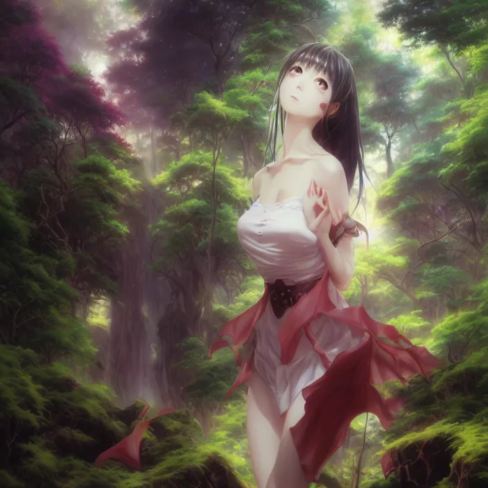 Image similar to Nishimiya Shouko, Albedo from Overlord, Mayer Re-l, Japan Lush Forest, official anime key media, close up of Iwakura Lain, LSD Dream Emulator, paranoiascape ps1, official anime key media, painting by Vladimir Volegov, beksinski and dan mumford, giygas, technological rings, johfra bosschart, Leviathan awakening from Japan in a Radially Symmetric Alien Megastructure turbulent bismuth glitchart, Atmospheric Cinematic Environmental & Architectural Design Concept Art by Tom Bagshaw Jana Schirmer Jared Exposure to Cyannic Energy, Darksouls Concept art by Finnian Macmanus