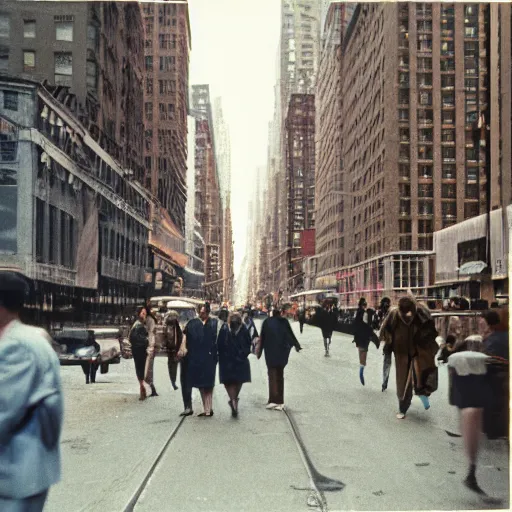 Prompt: analog medium format street photography of people walking in new york, 1 9 6 0 s, wide - angle, photographed on colour expired film, detailed photograph