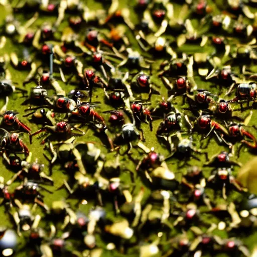 Image similar to army of army of tiny insectoid metallic robots eating a apple