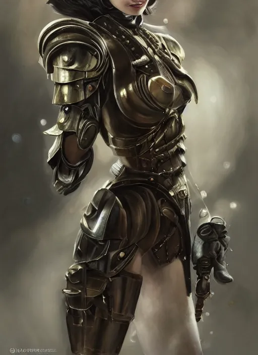 Image similar to a professional painting of a beautiful young female fashion model, dressed in military armor, olive skin, long dark hair, beautiful bone structure, symmetrical facial features, intricate, elegant, digital painting, concept art, smooth, sharp focus, illustration, from Bioshock, by Ruan Jia and Mandy Jurgens and Artgerm and William-Adolphe Bouguerea