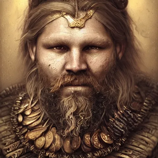 Prompt: a beautiful detailed 3d matte portrait of a nordic viking man, by ellen jewett, by tomasz alen kopera, by Justin Gerard, red brown full beard, ominous, magical realism, texture, intricate, skull, skeleton, gold coins, money, whirling smoke, rhymes, radiant colors, fantasy, volumetric lighting, high details