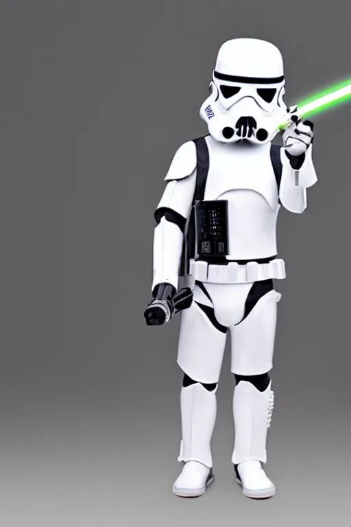 Image similar to a Cíborg Chihuahua holding a lightsaber,dressing like Stormtrooper,futuristic style.unnreal engine