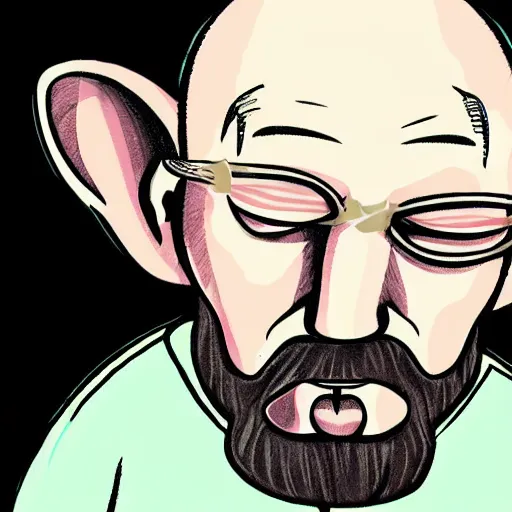 Prompt: bald man with big ears and a fumanchu beard drawn in the style of mike judge