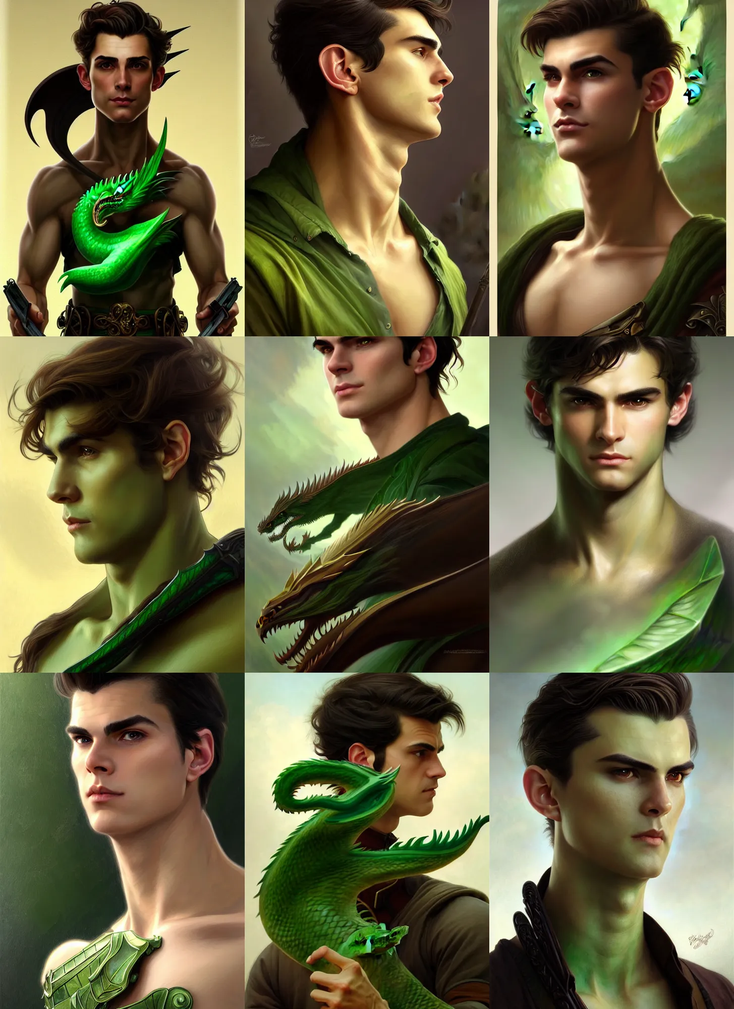 Prompt: a determined and alert handsome clean shaven young man with swept back dark brown hair and green eyes, preparing for a difficult battle with a large fierce dragon, fantasy, intricate, elegant, highly detailed, digital painting, artstation, concept art, smooth, sharp focus, illustration, art by artgerm and greg rutkowski and alphonse mucha