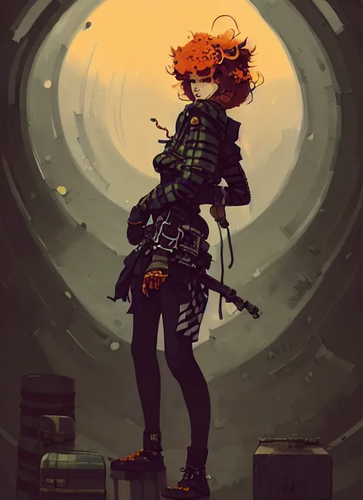 Image similar to highly detailed portrait of a sewer punk lady paladin, tartan vestments, curly blonde hair by atey ghailan, by greg rutkowski, by greg tocchini, by james gilleard, by joe fenton, by kaethe butcher, gradient, orange, black, brown and cream color scheme, grunge aesthetic!!! white graffiti tag wall background