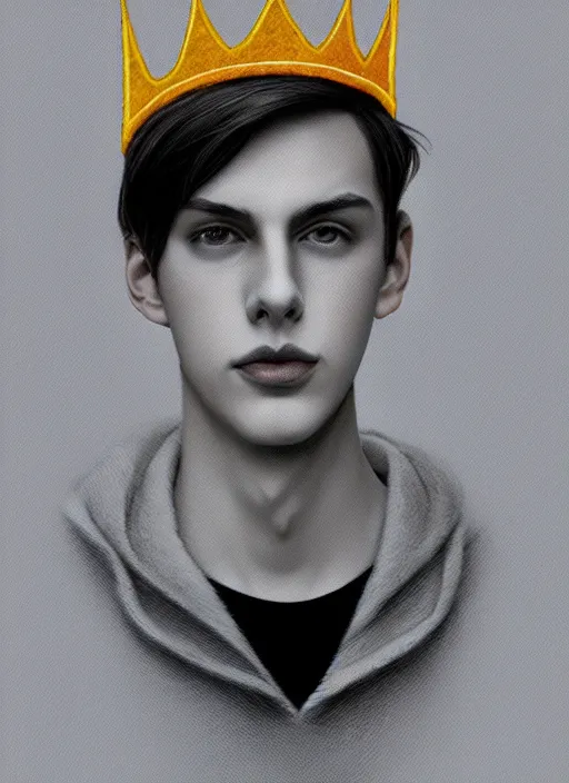 Image similar to portrait of teenage jughead jones wearing a light grey crown, photorealistic, single color crown made of fabric, crown made of felt, black hair, intricate, elegant, highly detailed, digital painting, glowing lights, artstation, concept art, smooth, sharp focus, illustration, art by wlop, mars ravelo and greg rutkowski