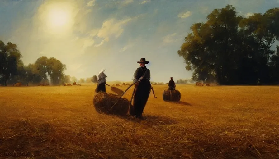 Image similar to simple amish farmers shocking hay in open fields, art by anders zorn, wonderful masterpiece by greg rutkowski, beautiful cinematic light, american romanticism thomas lawrence, greg rutkowski