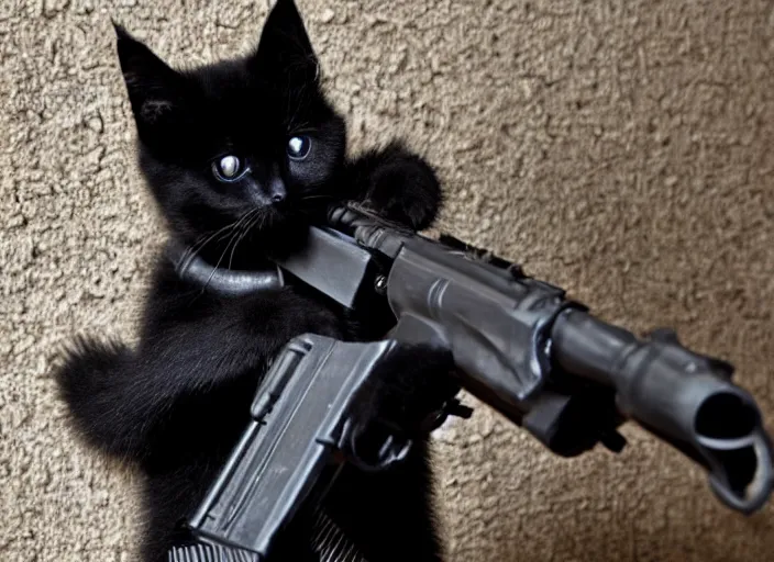 Prompt: a cute black kitten handling a machine gun