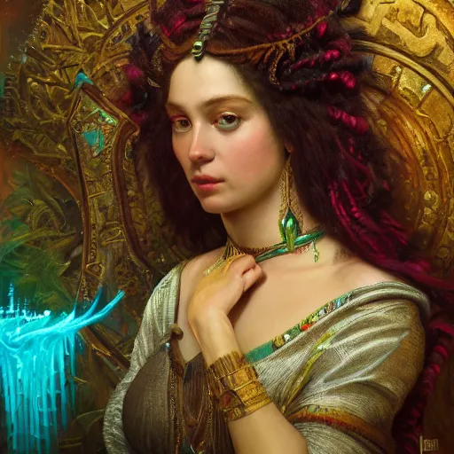 Image similar to octane render, artstation, 8 k, intricate detail, hyper detail, portrait by gaston bussiere, greg rutkowski, sandro botticelli, tan lady of elche, egyptian sumerian features, techno mystic goddess princess intergalactica inanna with aqua neon rapunzel dreadlocks,