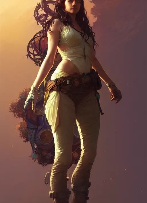 Prompt: portrait of a full body of beautiful young female solarpunk adventurer, fantasy, flat lighting, intricate, highly detailed, digital painting, artstation, concept art, smooth, sharp focus, illustration, art by simon bisley and greg rutkowski and alphonse mucha, natural tpose