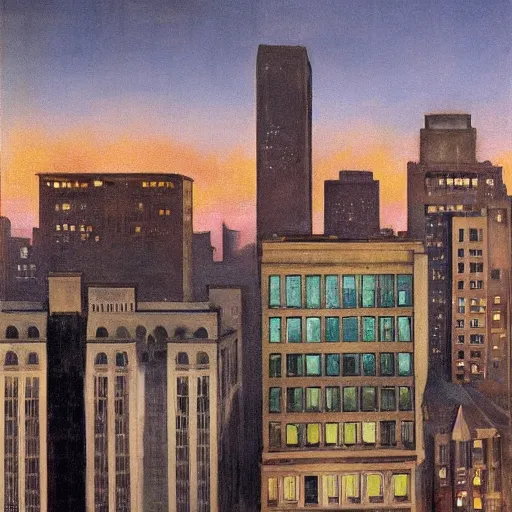 Image similar to muted color ultra realistic painting of a balcony view of 1 9 2 5 boston downtown at night, the sky is distorted and broken like a smashed mirror, dark, brooding, night, atmospheric, ultra - realistic, smooth, highly detailed in the style of clyde caldwell