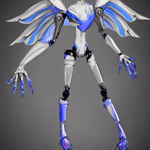 Image similar to full body shot of cute and beautiful anthropomorphic female robot dragon doing an elegant pose for the camera, has two adorable blue eyes, a sleek yet elegant design, with two big epic wings behind her, two arms that have sharp claws, two legs, a long tail behind her; high quality digital art, artstation, deviantart, furaffinity