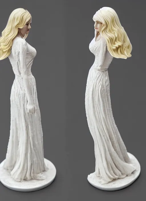 Prompt: 80mm resin detailed miniature of a beautiful mature lady, clothed in white dress, olive skin, long blond hair, beautiful bone structure, symmetrical facial features, Product Introduction Photos, 4K, Full body