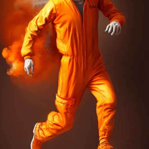 Image similar to commission portrait of a man in an orange jumpsuit,running away from smoke in a laboratory.,character design by charles bowater,greg rutkowski,ross tran,hyperdetailed,hyperrealistic,4k,deviantart,artstation,professional photography,concept art