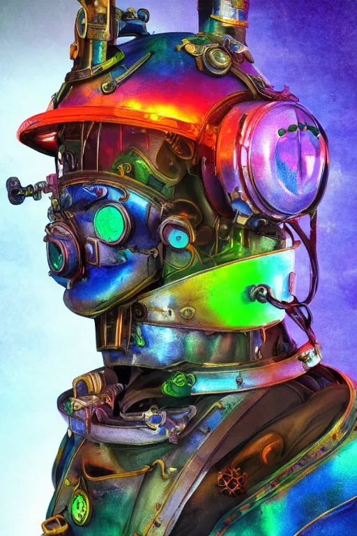 Prompt: colorful vivid steampunk mask minimalist fantasy art robot ninja helmet, global illumination ray tracing hdr fanart arstation by sung choi and eric pfeiffer and gabriel garza and casper konefal