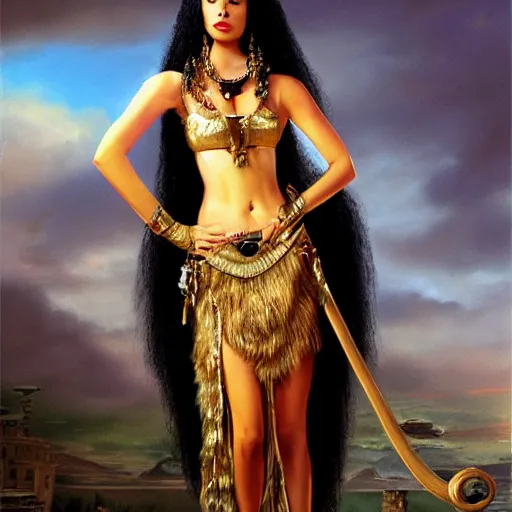 Prompt: long haired fluffy anthromorphic cat dressed in cleopatra costume detailed matte painting in the style of johannes voss