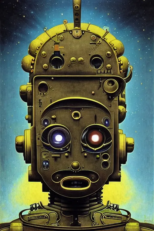 Prompt: 1 9 2 0 s boxy robot, large metal mustache, muted colors, nebula background, glowing yellow eyes, detailed realistic surreal retro robot in full regal attire. face portrait. art nouveau, symbolist, visionary, baroque, giant fractal details. horizontal symmetry by zdzisław beksinski, gears, alphonse mucha. highly detailed, realistic