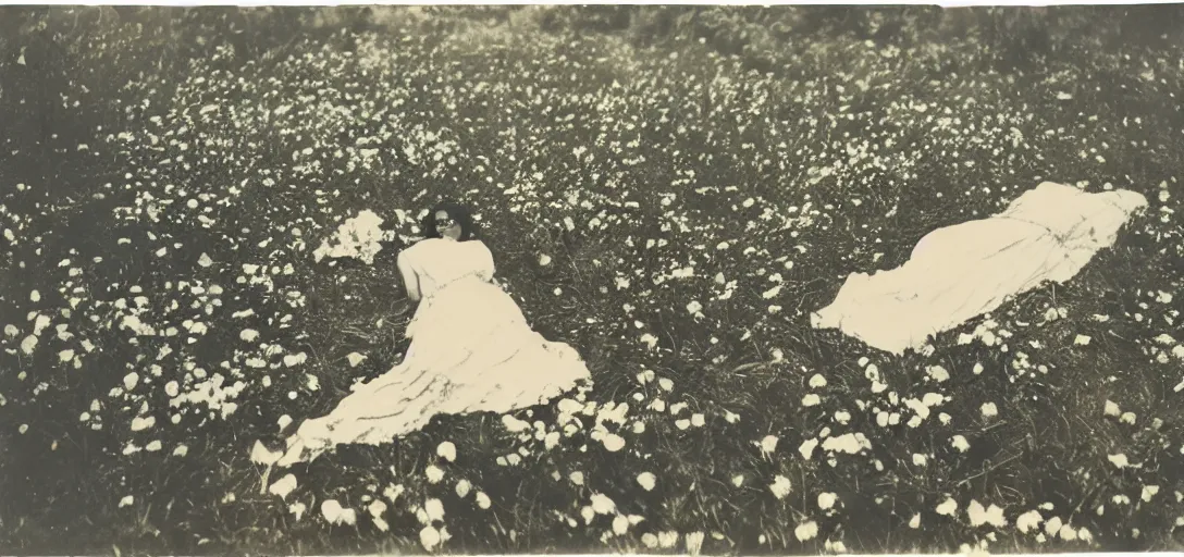 Prompt: beautiful woman on the ground covered in flowers, Forest, ray gods, 1910 top-down polaroid photography